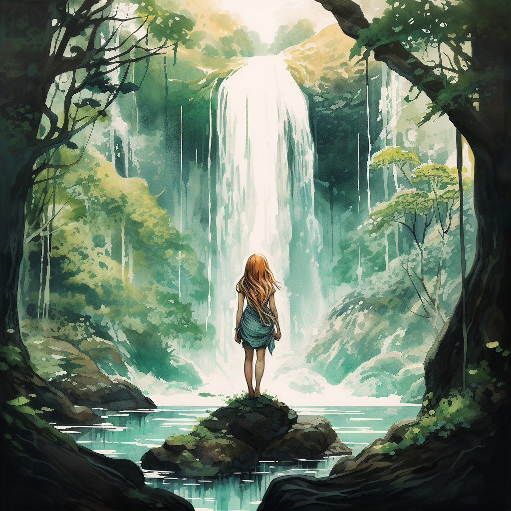 Beautiful forest fairy at crooked waterfall