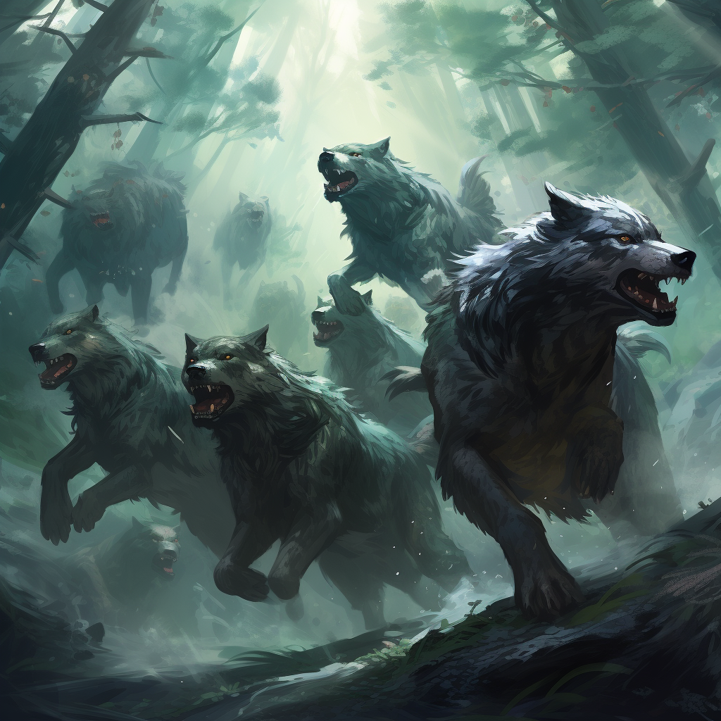 Majestic pack of wolves in a forest