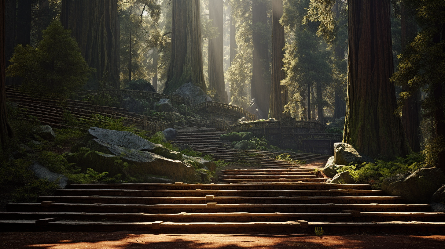 Awe-inspiring redwood forest path and amphitheater