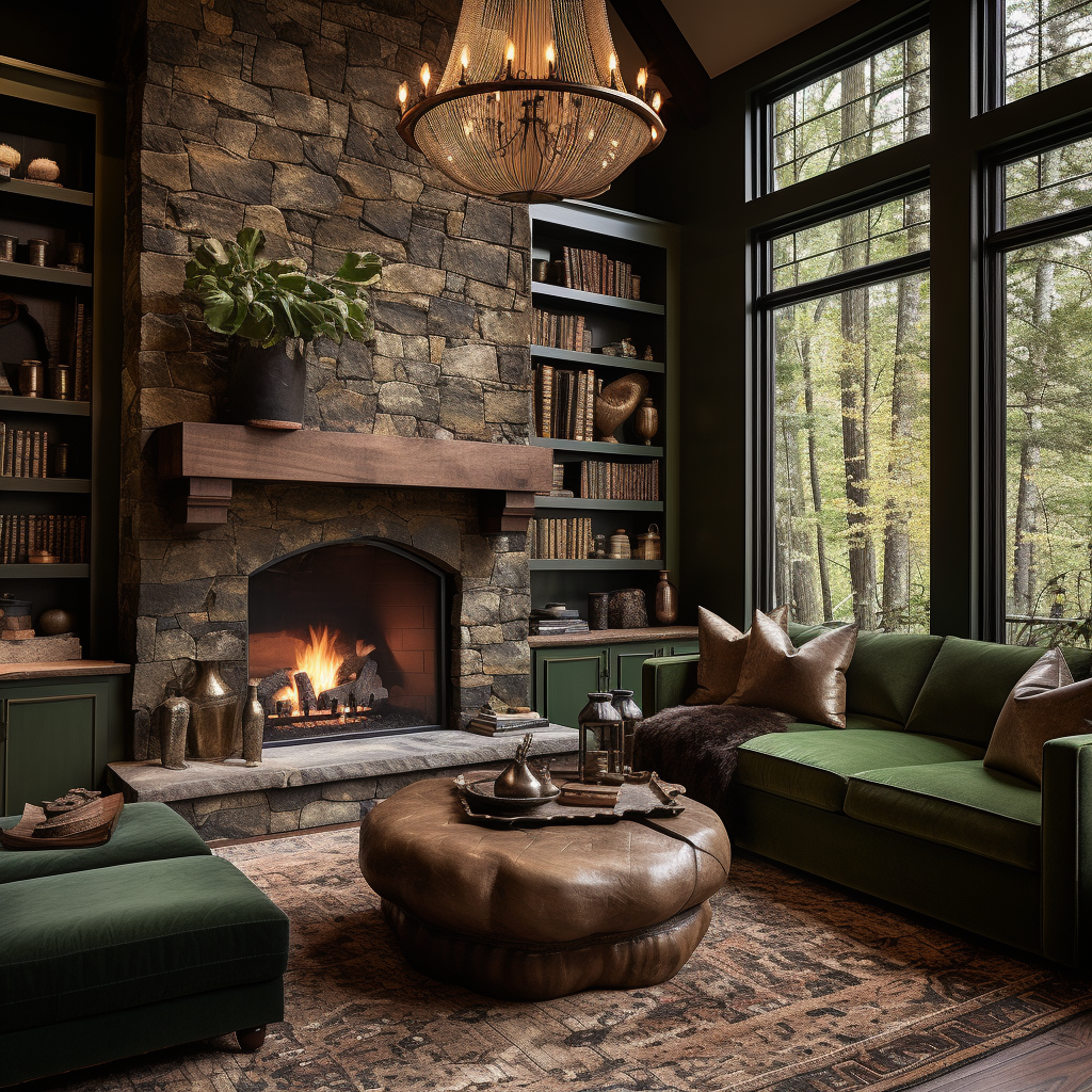 Forest green living room with bookshelves and stone accent wall