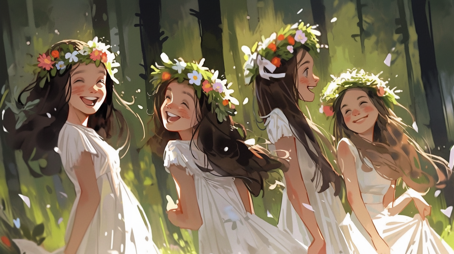 Happy girls in white dresses and flower crowns in a beautiful forest