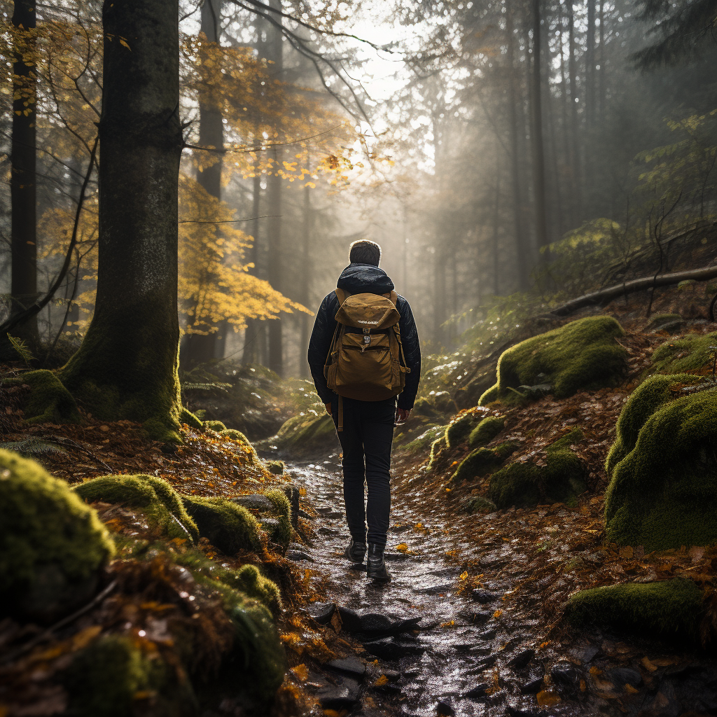 Hiker with backpack exploring the forest