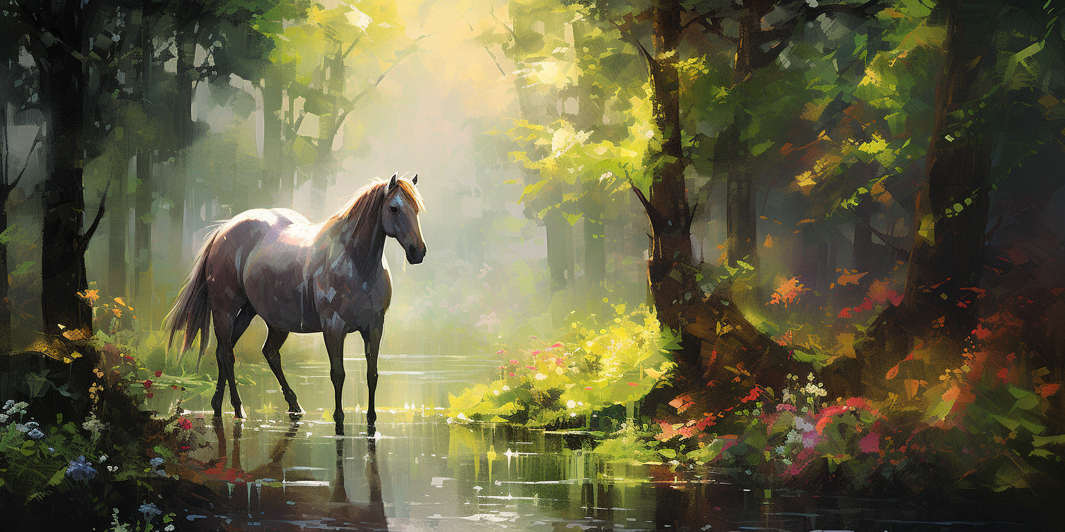 Majestic horses in a Monet-inspired forest