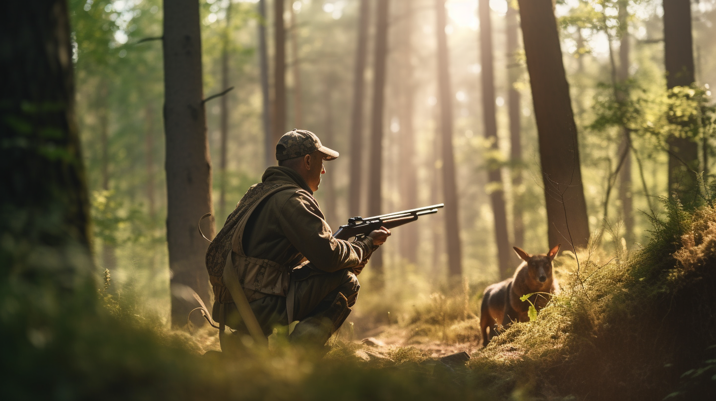 Hunter aiming rifle in forest