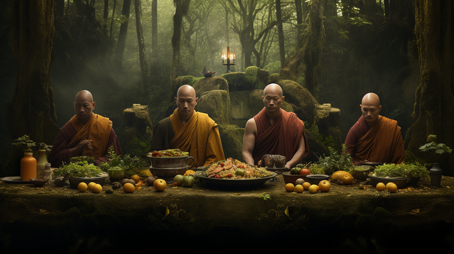 Six monks surrounded by an array of fruits