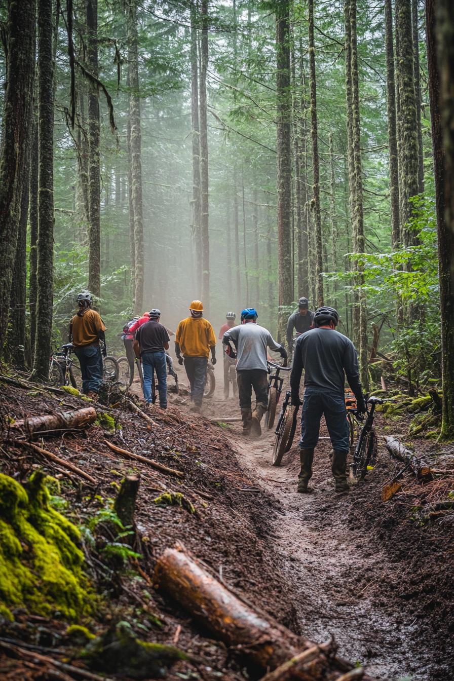 Group volunteers building mountain bike trail