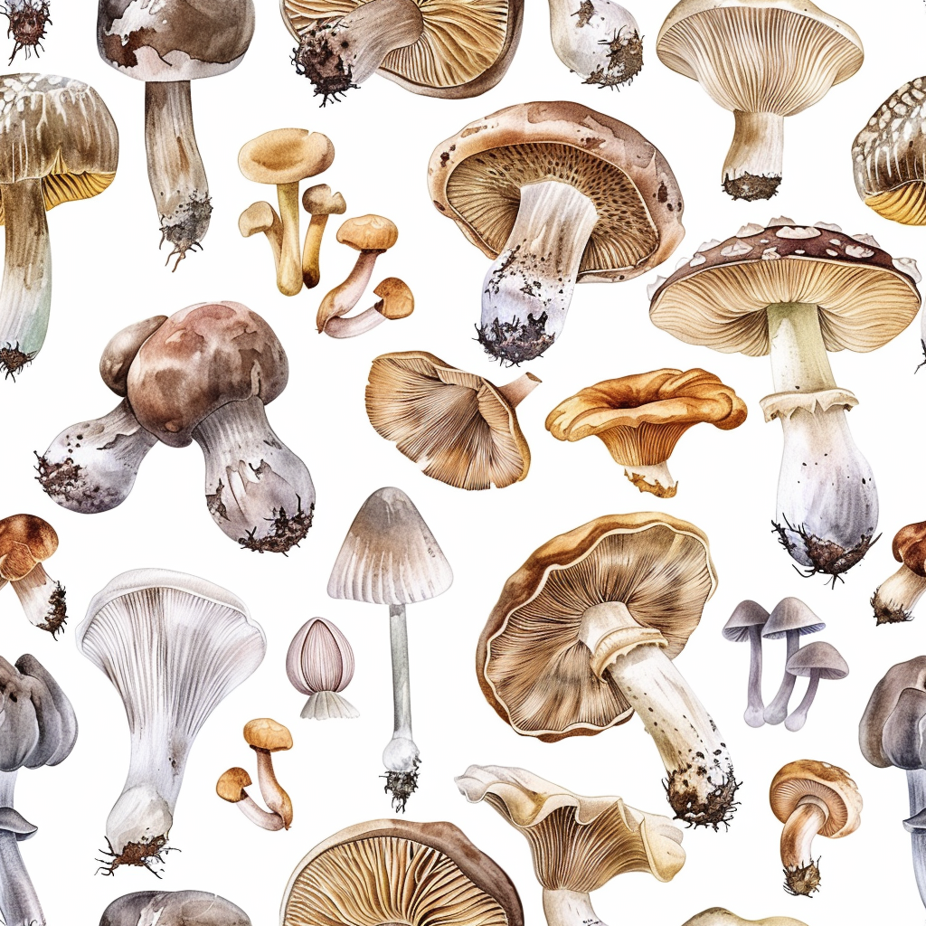 Forest mushrooms watercolor pattern on white background