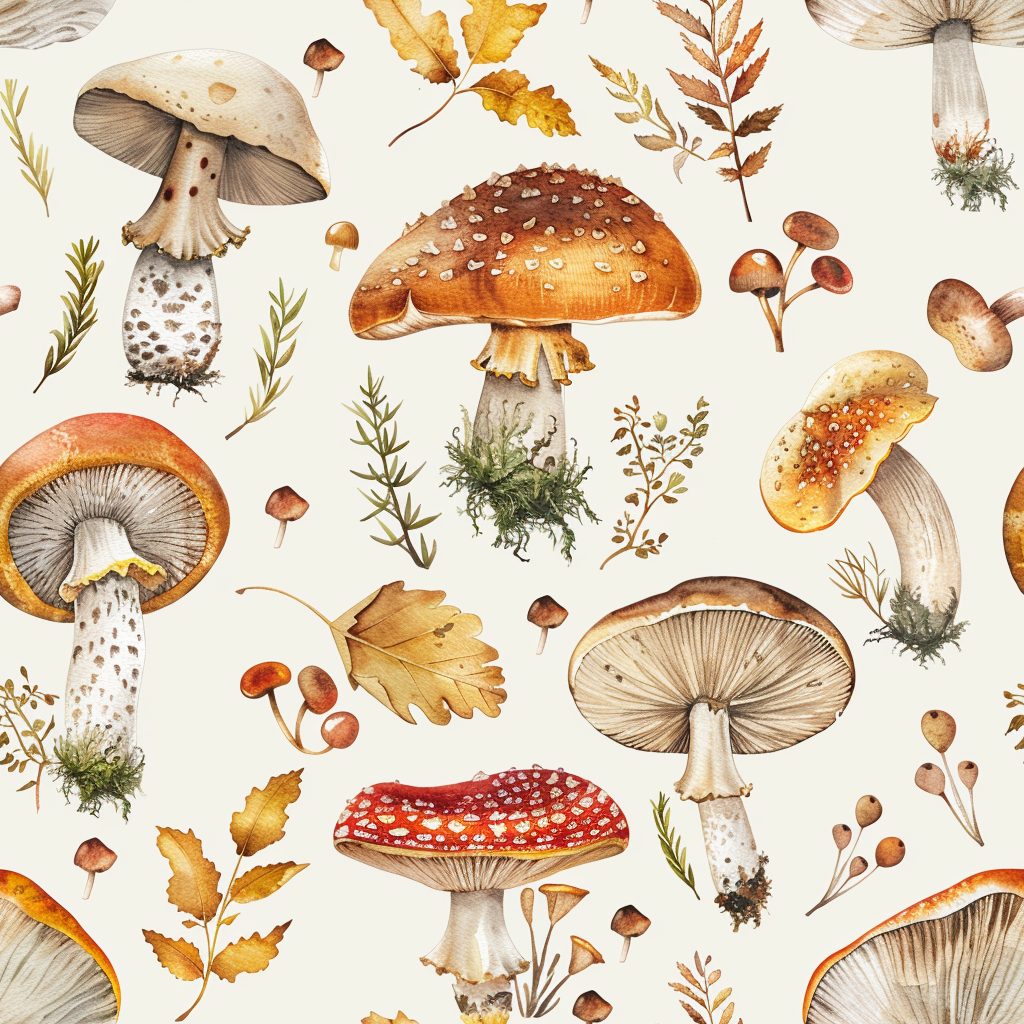 forest mushrooms watercolor pattern