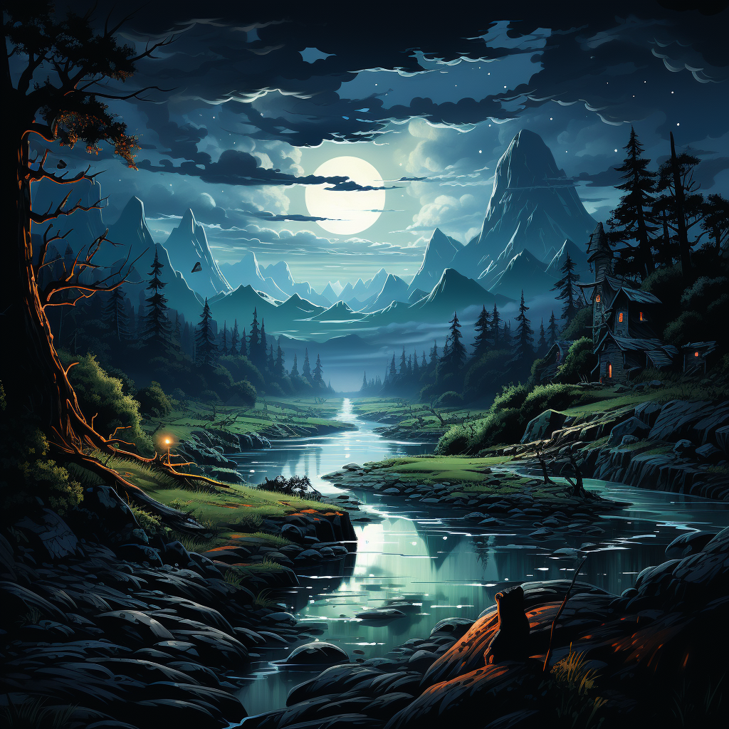 Beautiful forest night landscape illustration