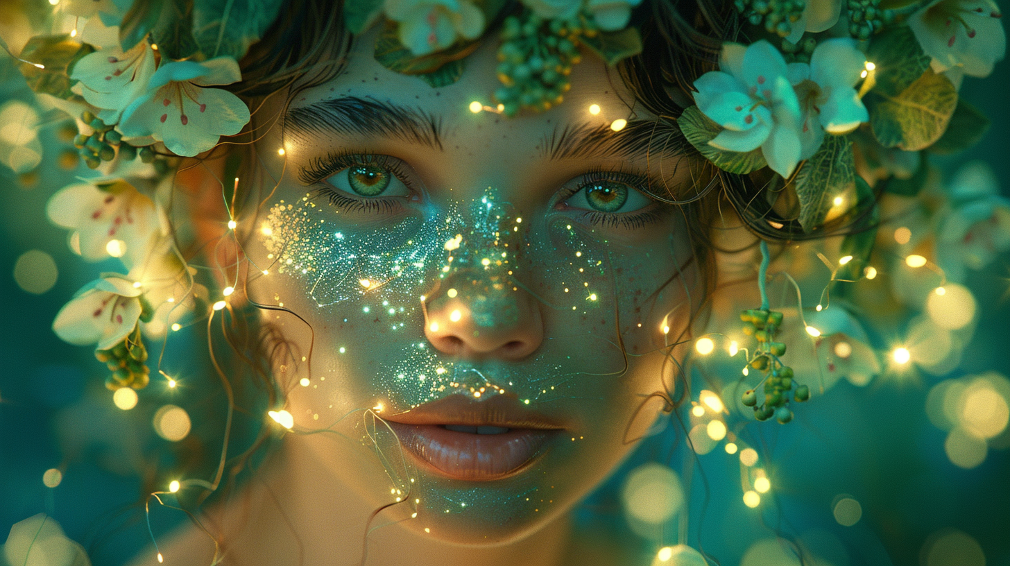 Enchanted forest nymph with firefly glow hair