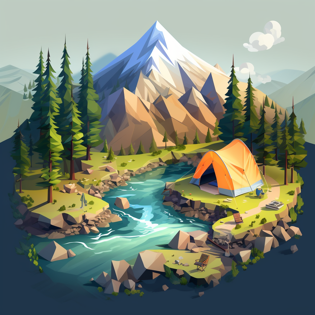 Polygonal forest with tent and backpack