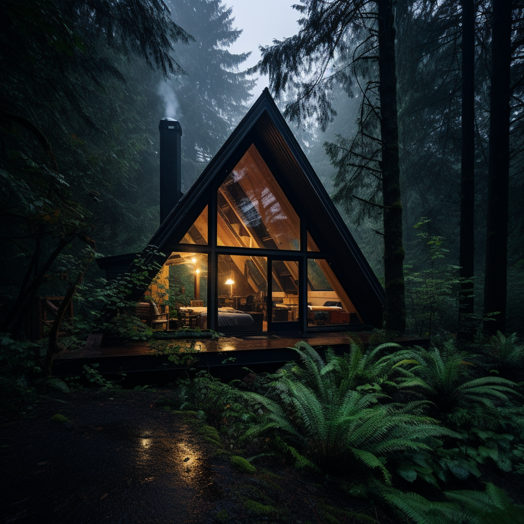 Cozy cabin amidst forest rainstorm