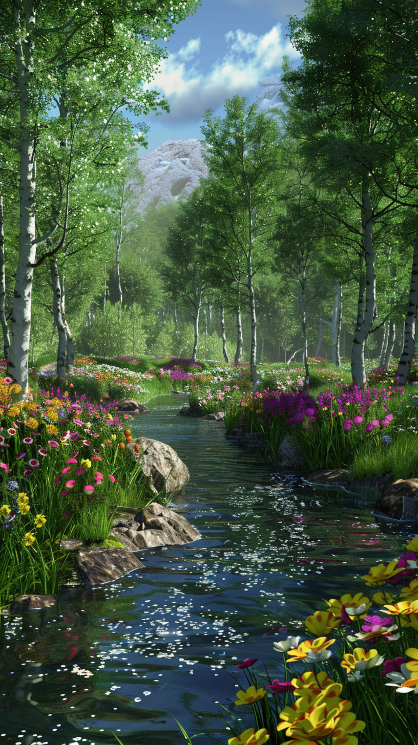 Vibrant Forest River Flowers 3D