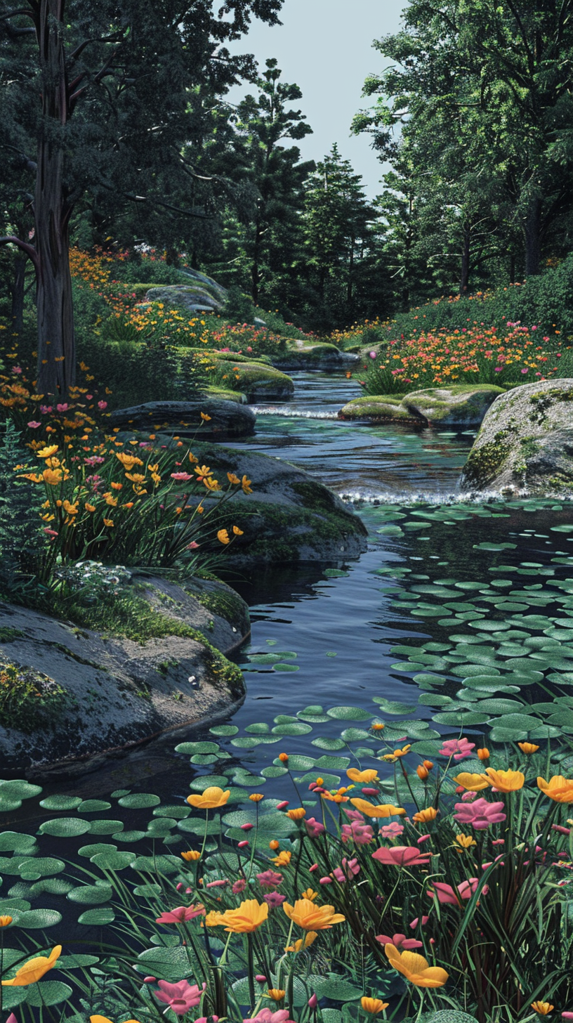 Vibrant flowers surround forest river