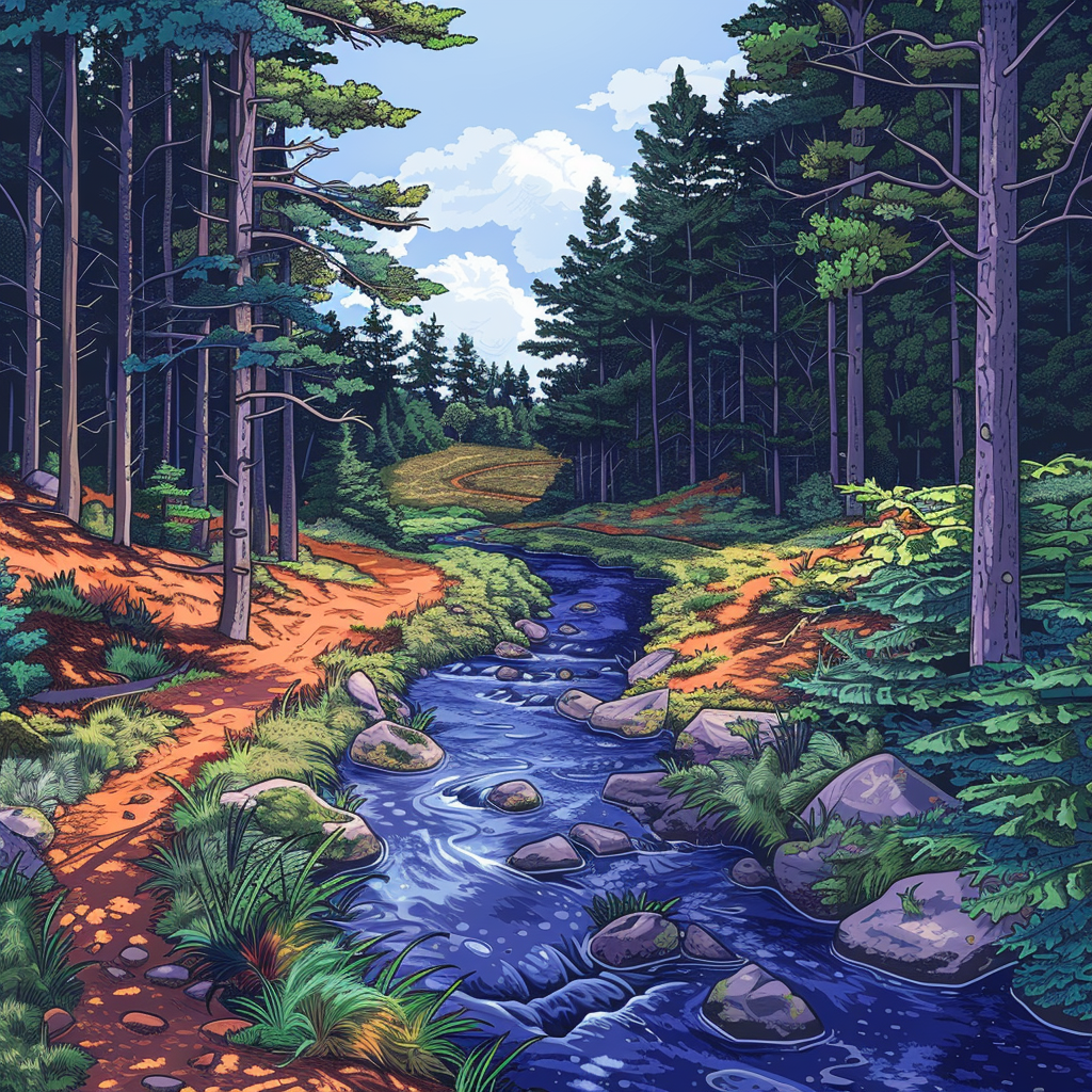 Surreal forest river trail illustration