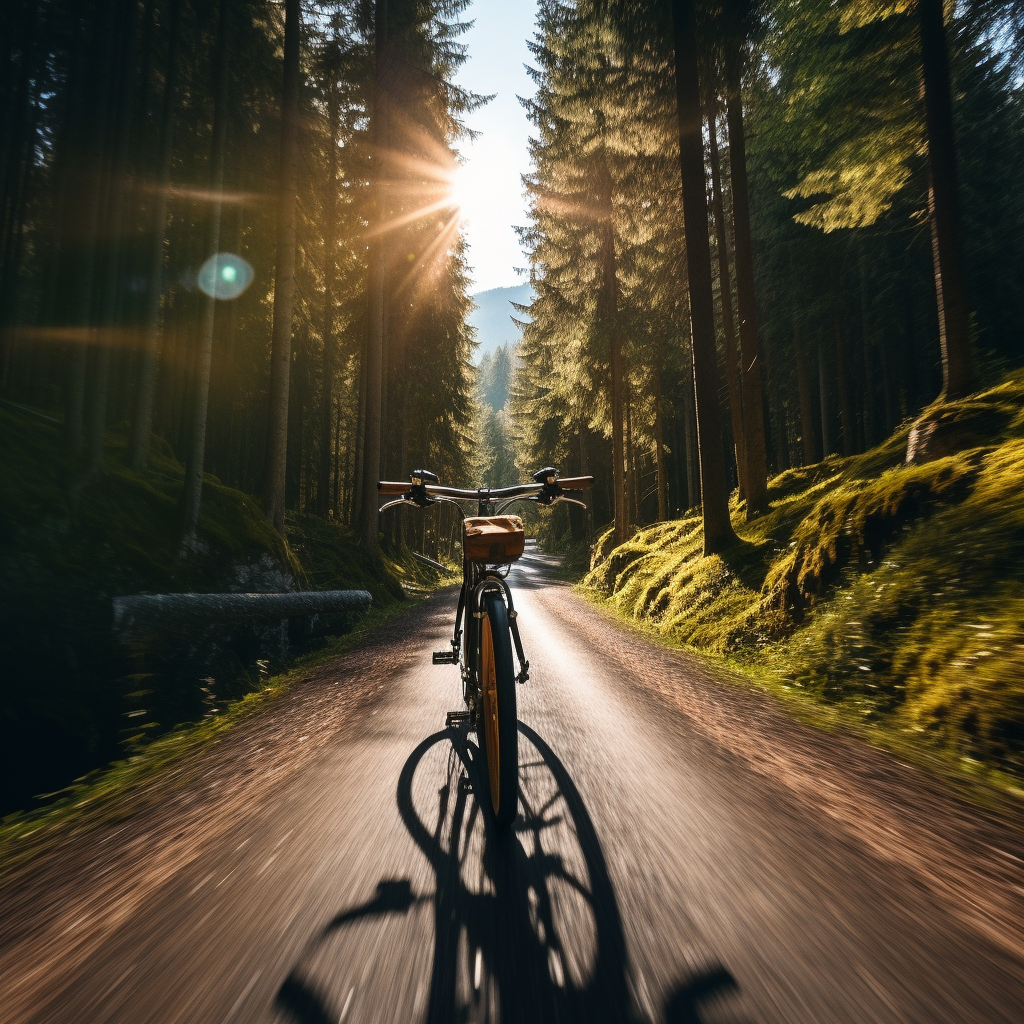 Panoramic shot of a cruiser bike on a forest road