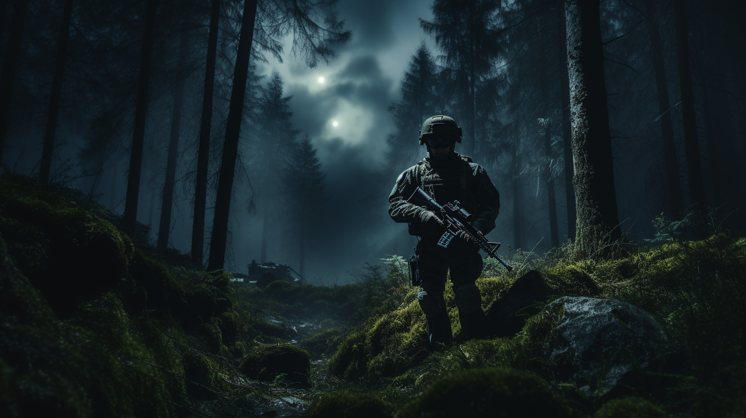 Tactical soldier walking through forest at night