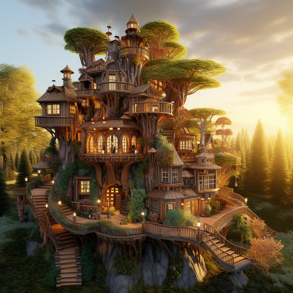 Three-story fairy house in enchanted forest at sunset