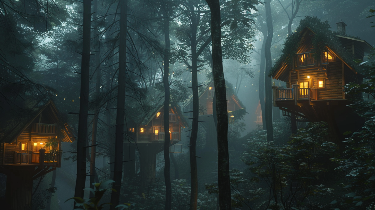 Treehouses in forest with dim light