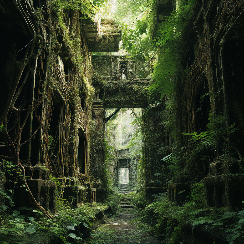 A mystical forest tunnel with crumbling pillars