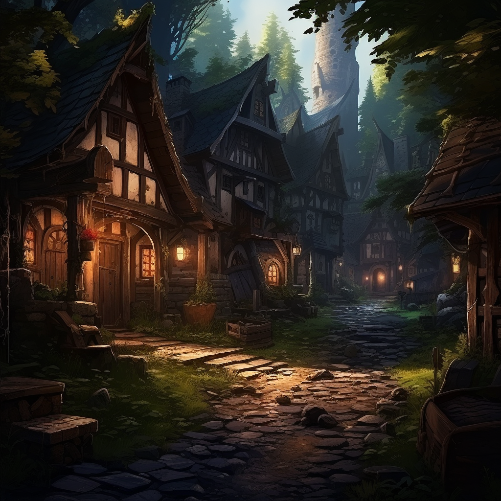 Artwork of forest village in D&D style