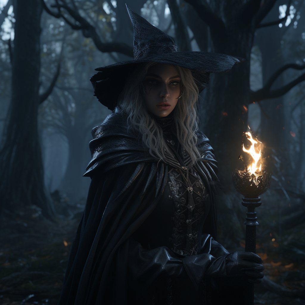 Mysterious forest witch casting powerful spells