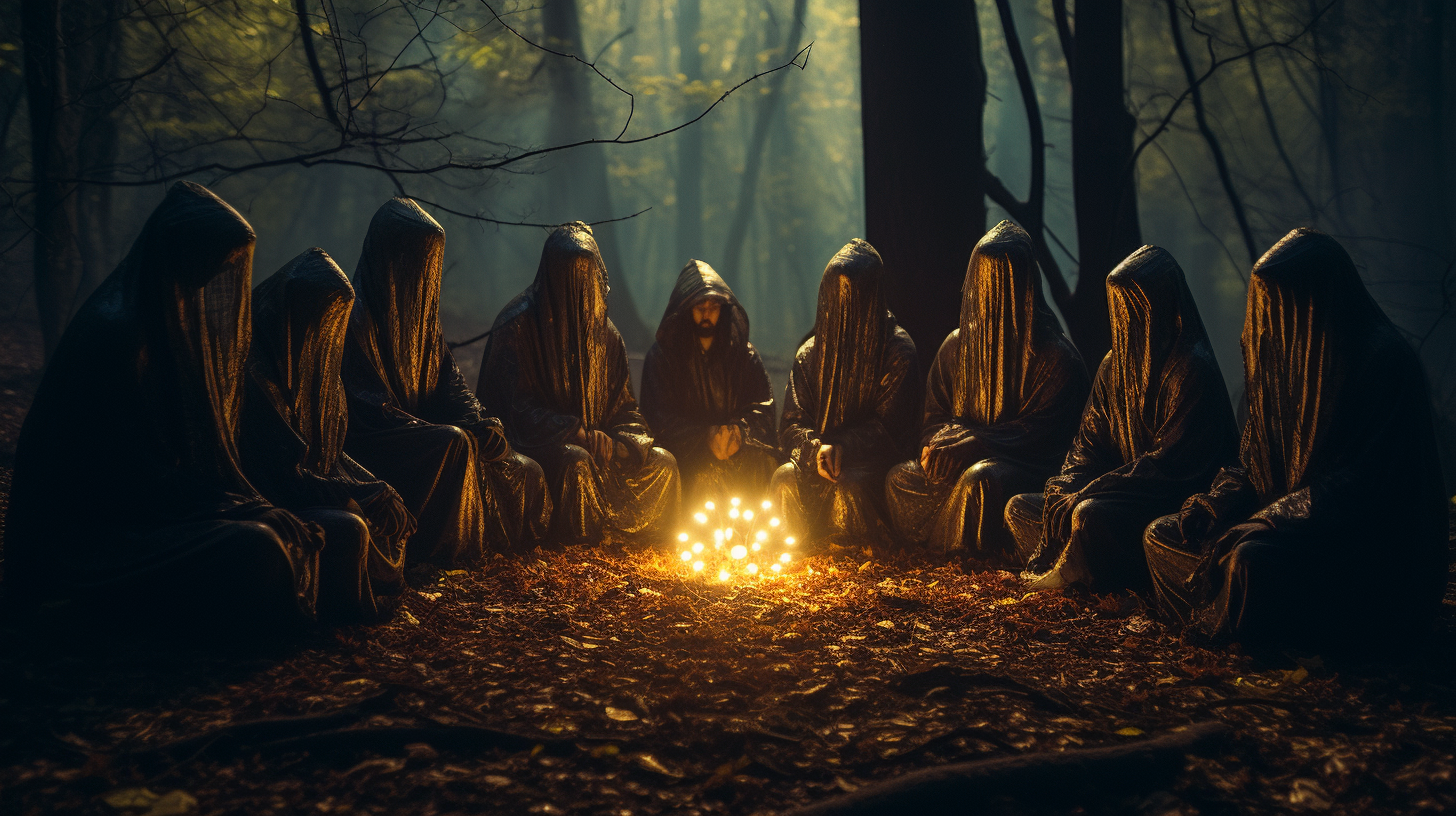 Hooded figures performing cult ritual in the forest