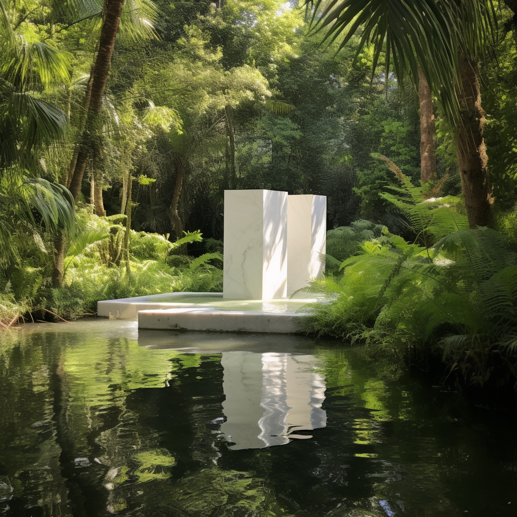 Tranquil forest yard pond with marble sculpture