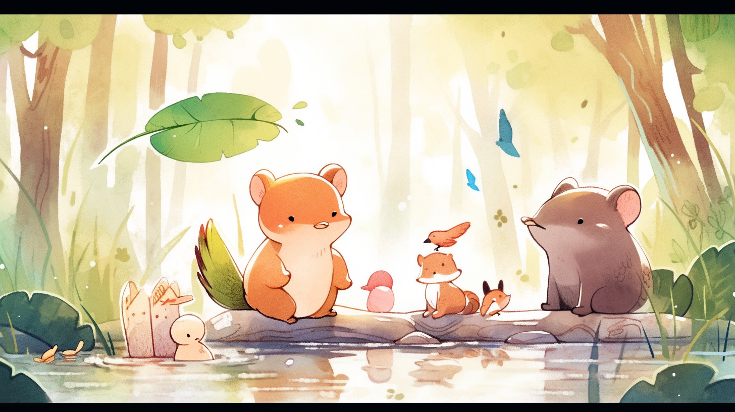 Adorable forest animals gathered by a pond