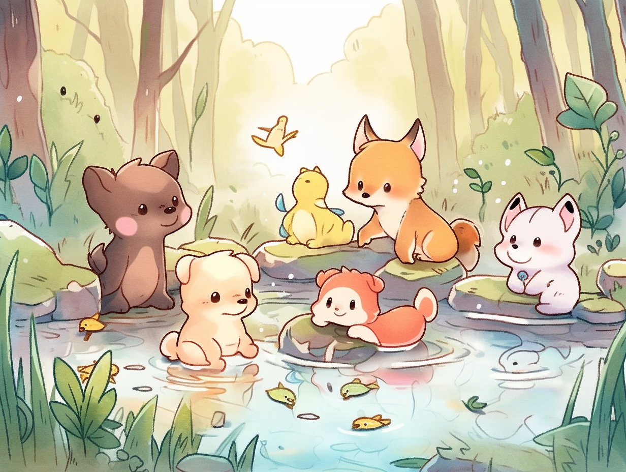 Cute forest animals at pond