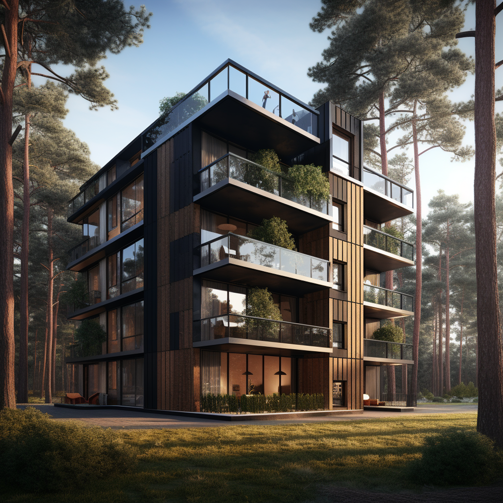 Black Wood Apartment Building in Pine Forest