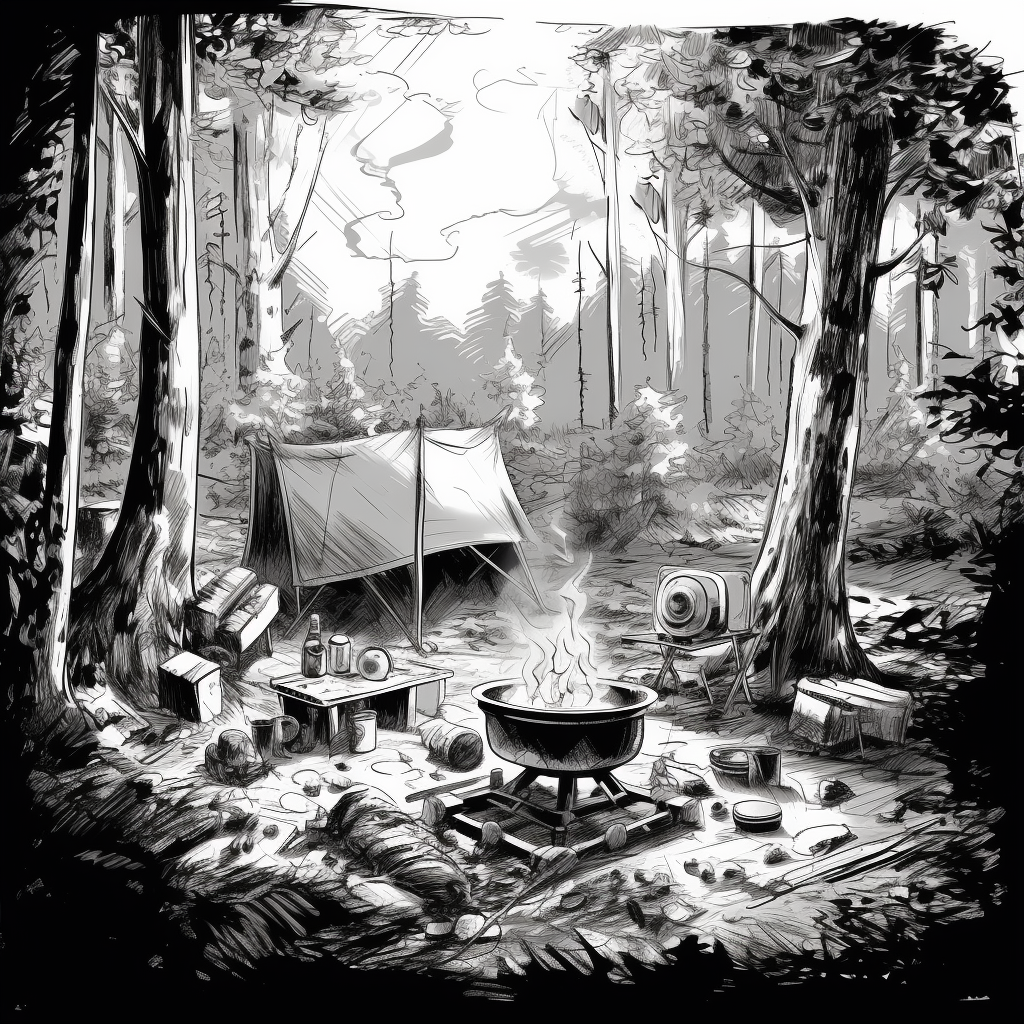 Black and white sketch of cooking in the forest