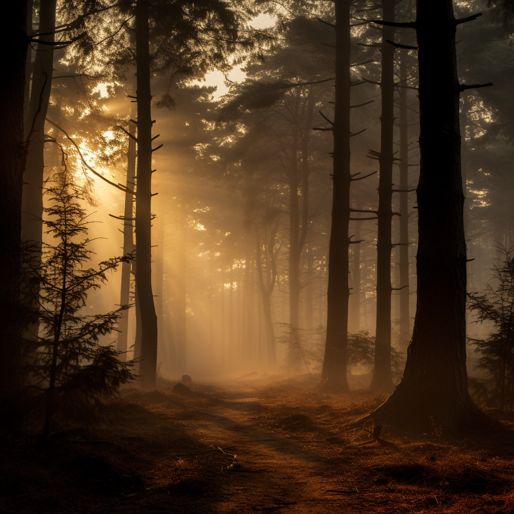 Tranquil forest scene with dust particles