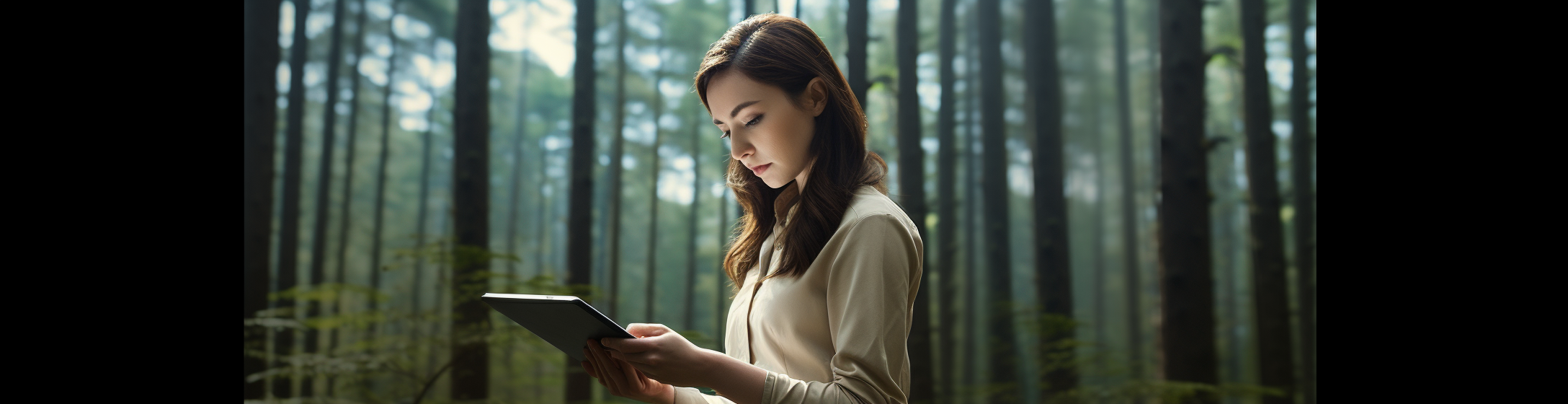 Image of a young woman forest engineer with a tablet