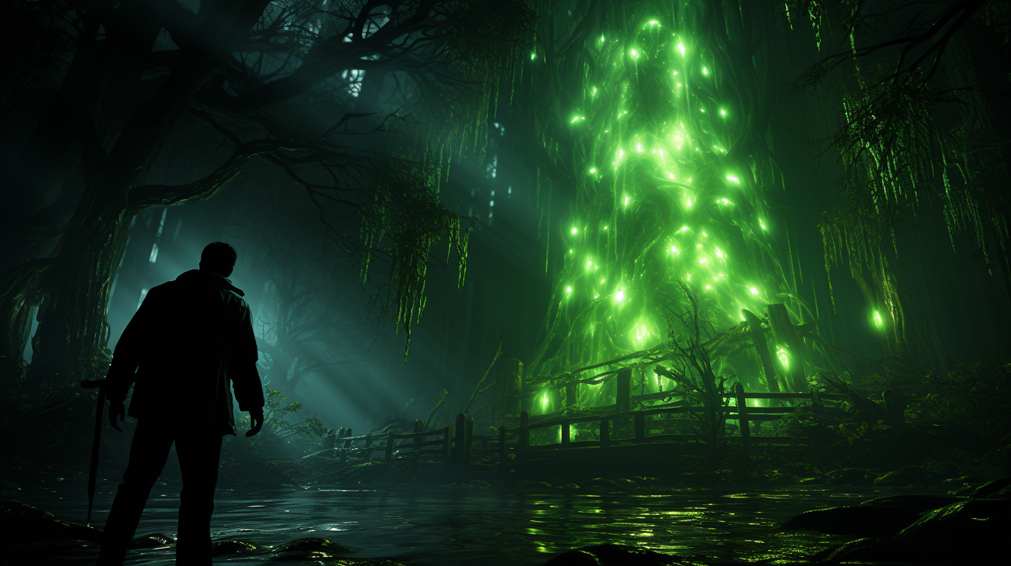 Man with Bioluminescent Light in Dark Gothic Forest