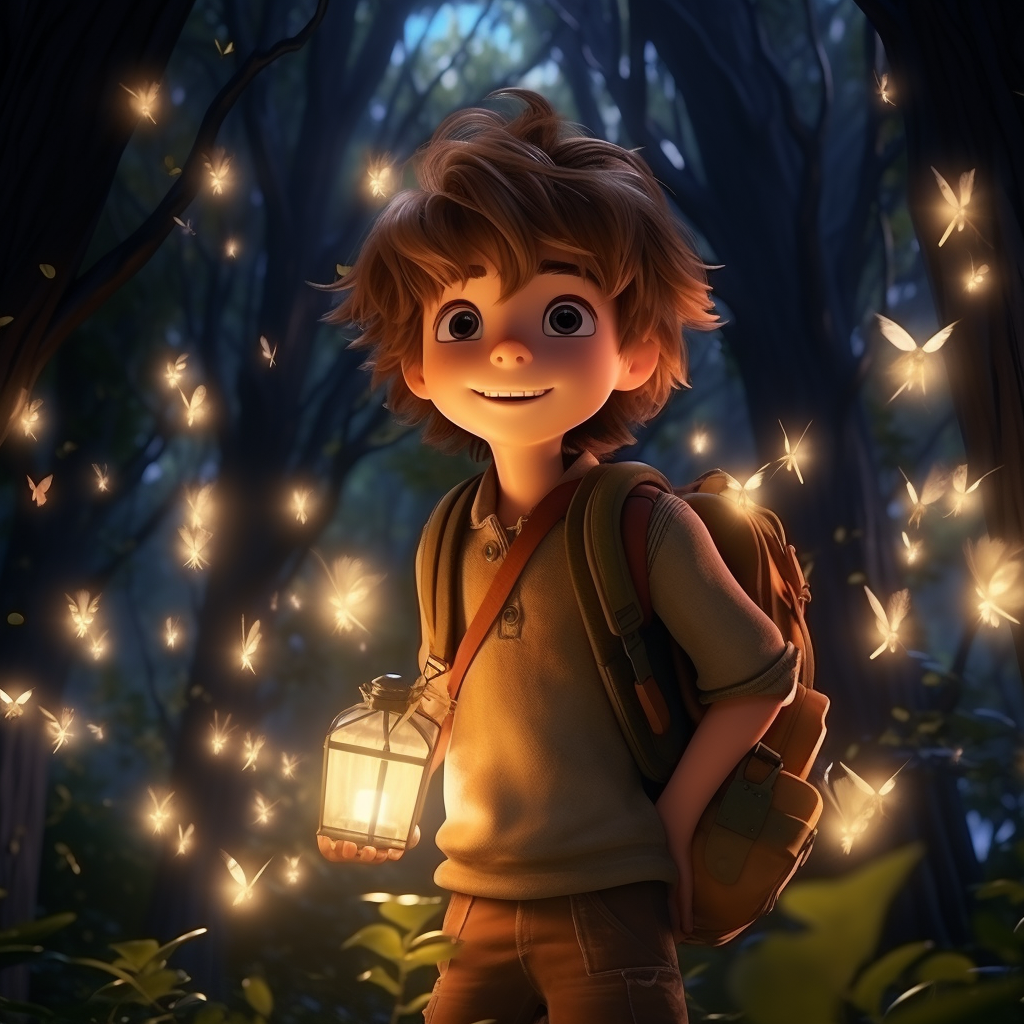 Pixar-style boy with forest fairies