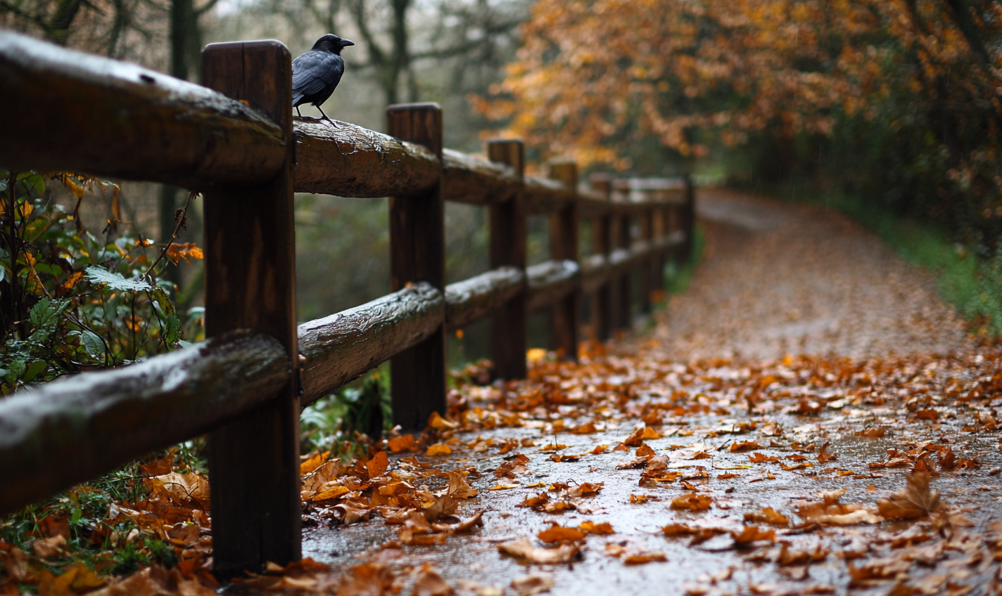 Handrail Crow Rain Leaves Downhill Park