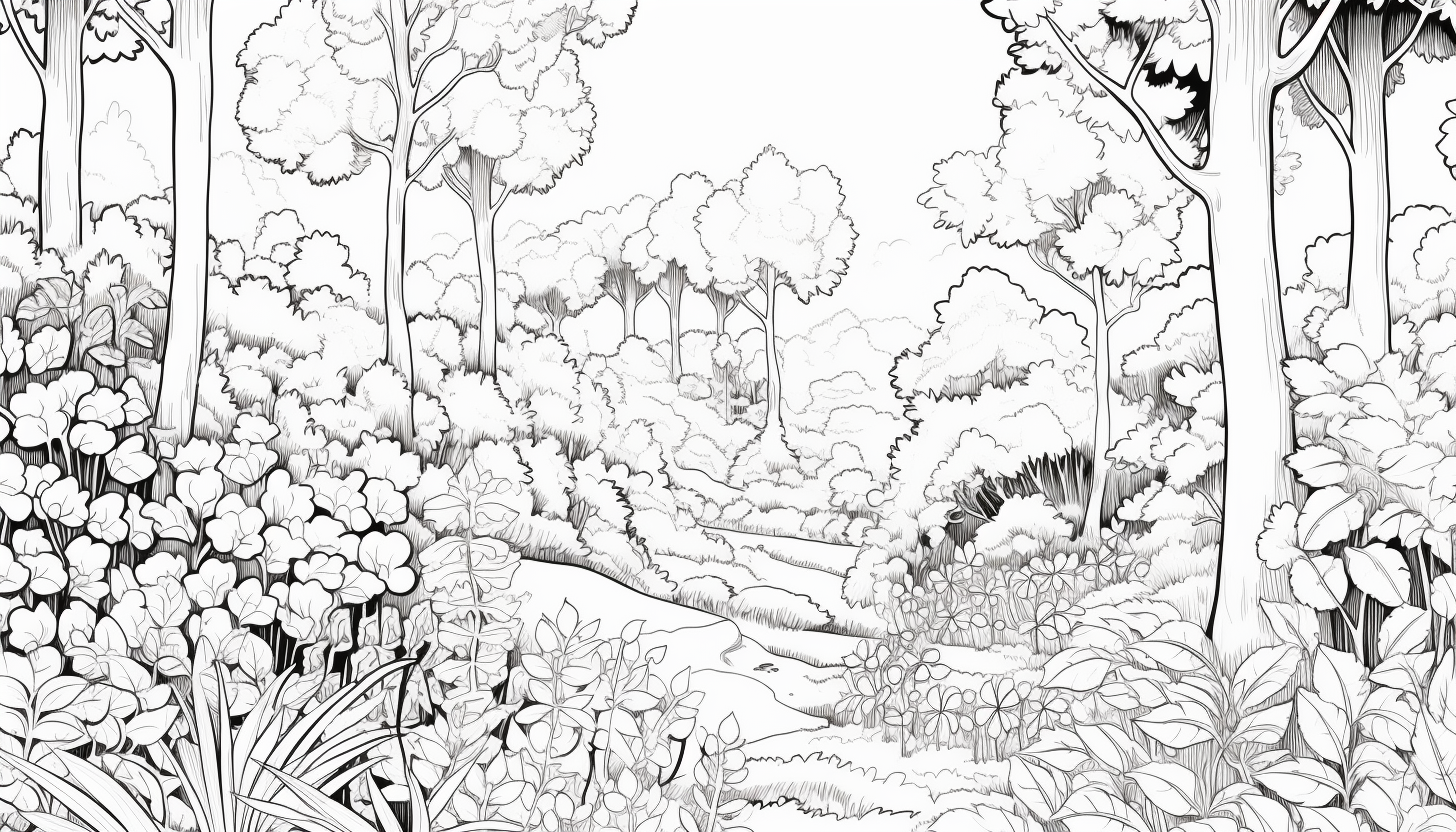 Thick line drawing of a forest with herbs