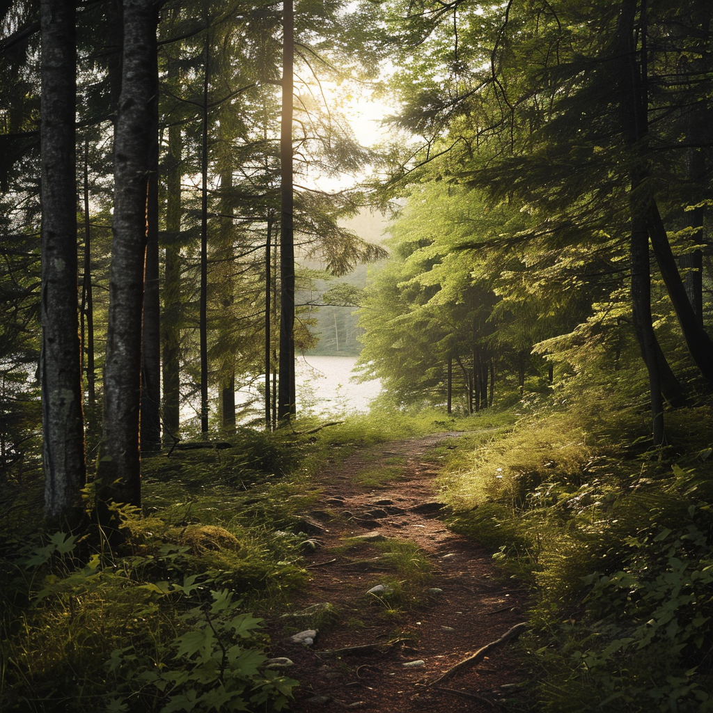 Forest trail with lake in cinematic lighting