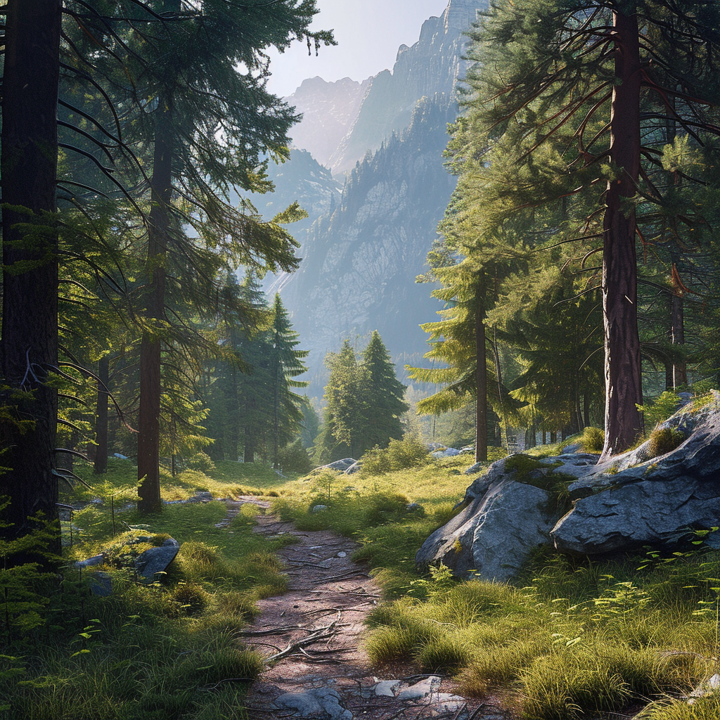 Forest landscape with trail and mountains