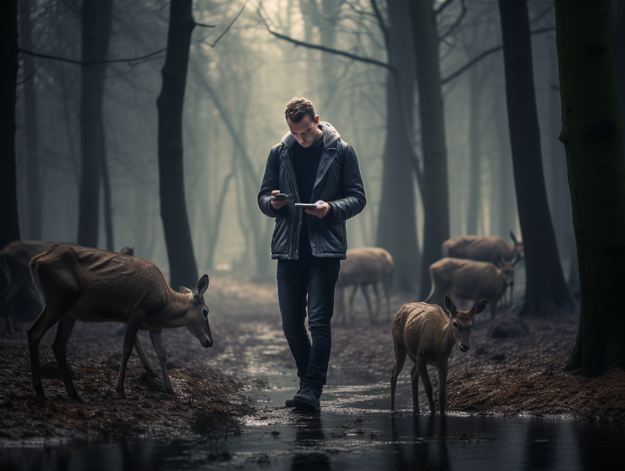 Young man walking with deer in surreal forest