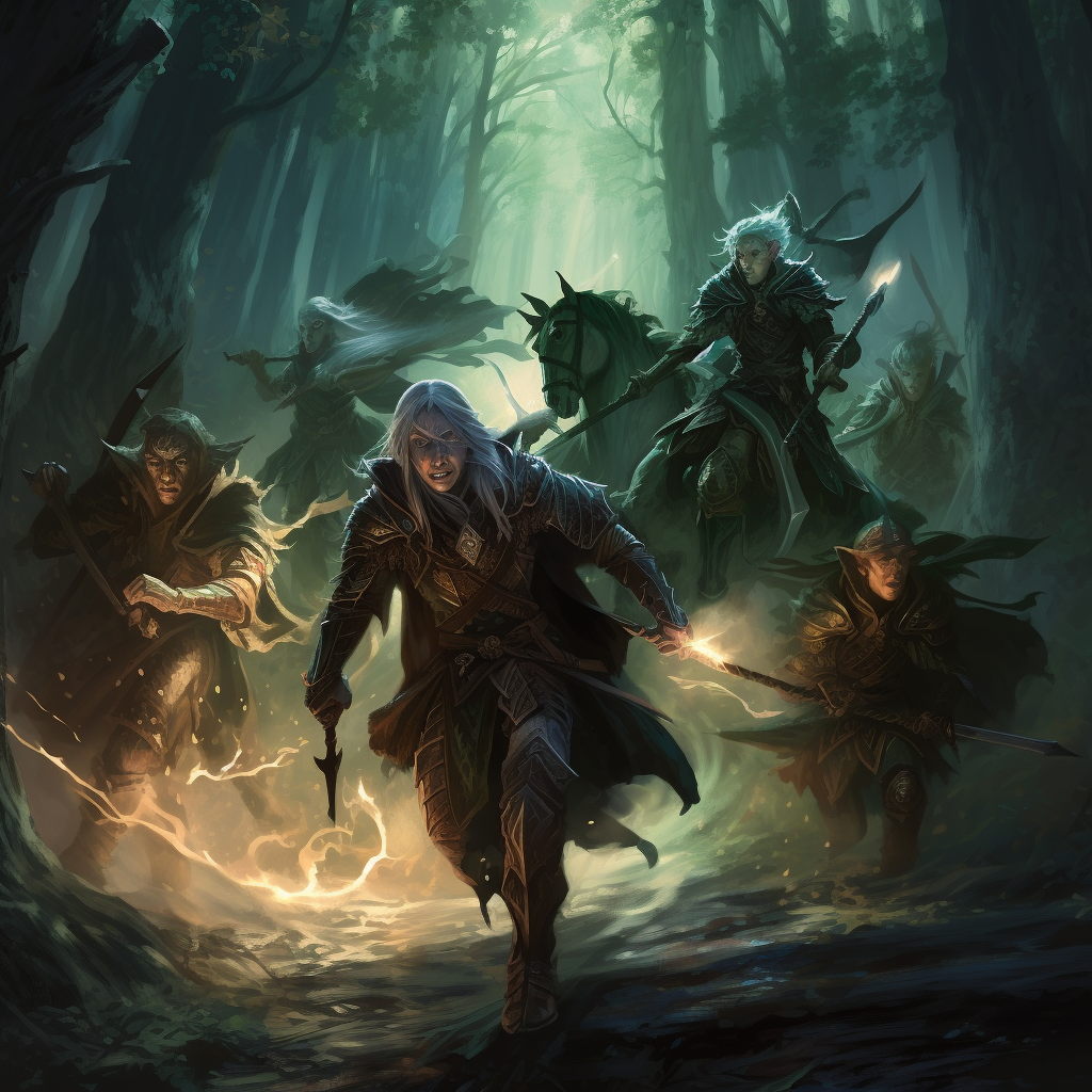 Intense battle between elves and goblins in dark forest