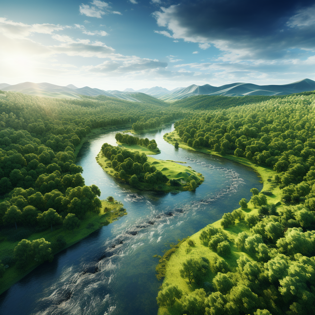 Serene freshwater river flowing through lush forest