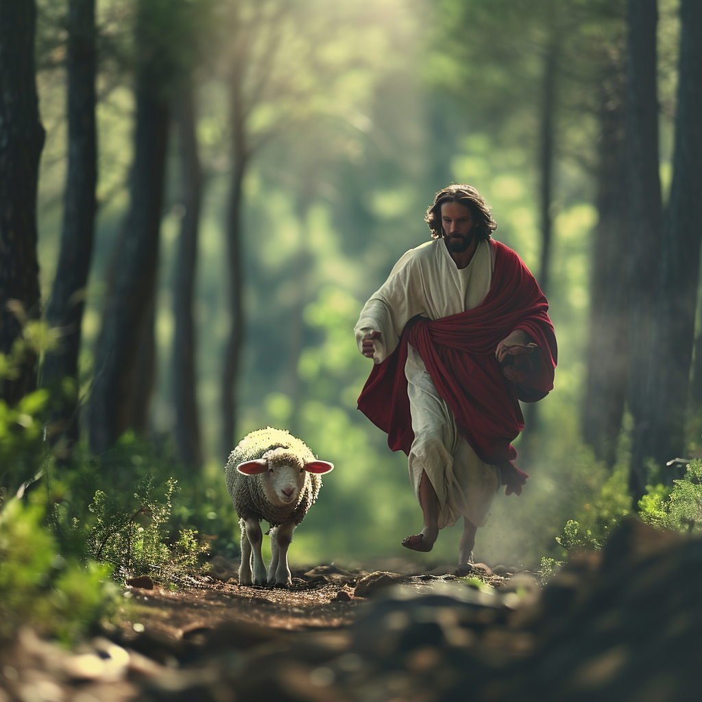 Jesus running behind the lamb in the forest