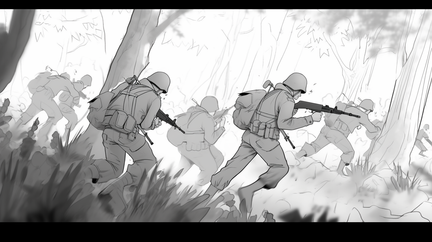 Soldiers running through forest sketch