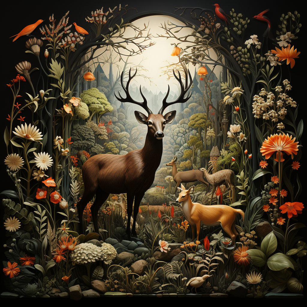 Animals in Framed Forest Scene