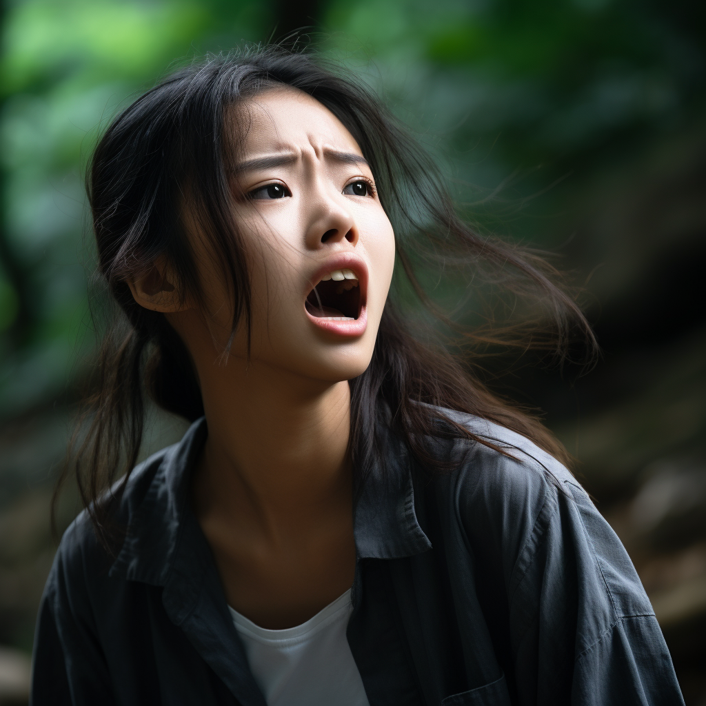 Surprised Korean female in forest