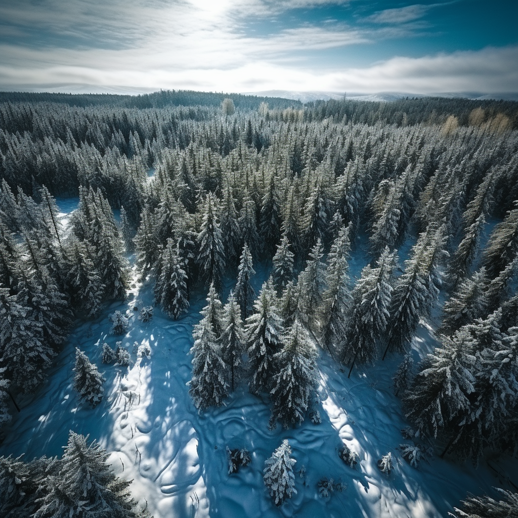 Snowy trees in a sunny forest