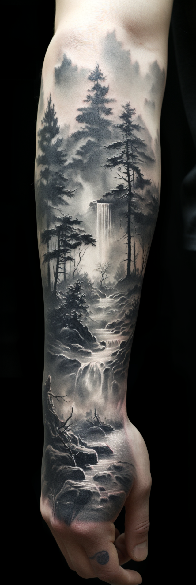 Realistic forest stream tattoo sleeve