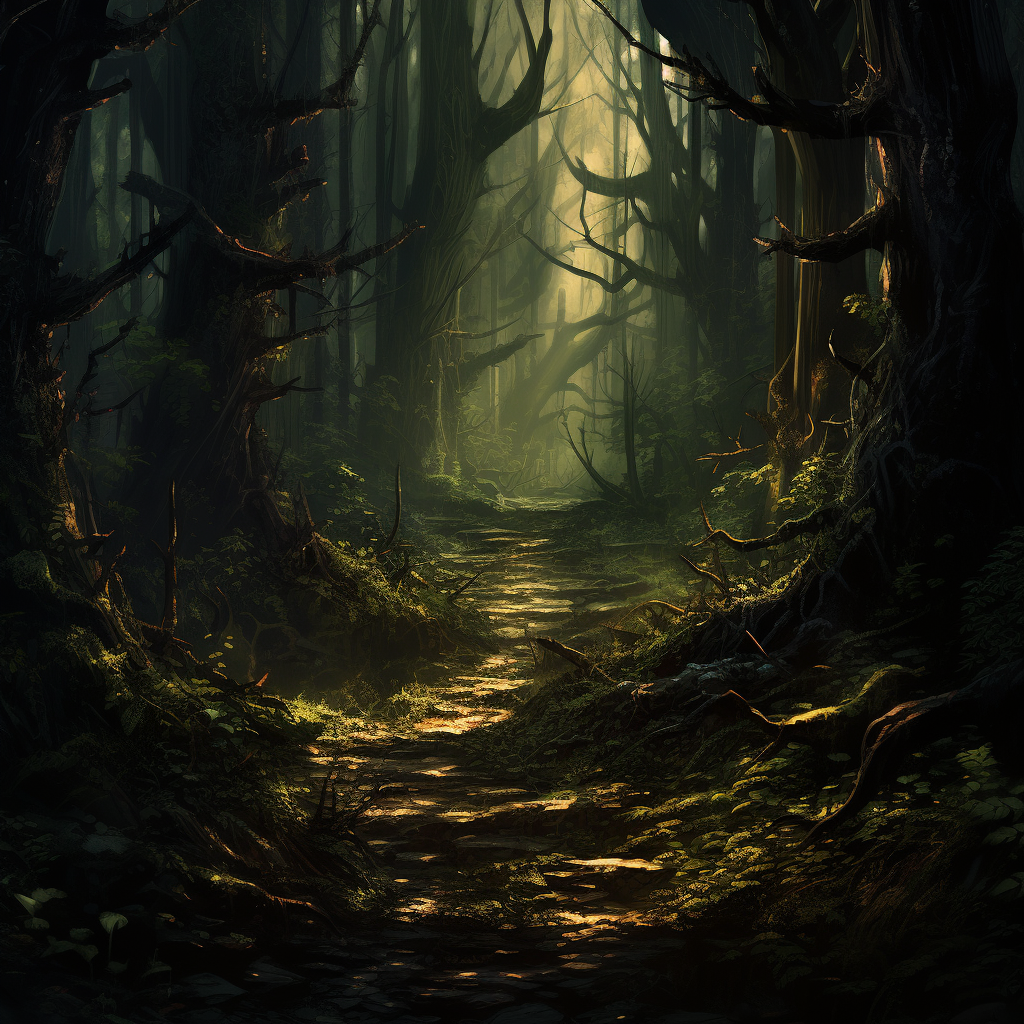 Serene forest pathway with sunlight filtering through trees